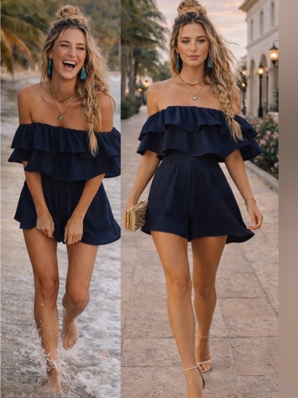 KEEPSAKE the Label Navy Off-Shoulder Ruffle Romper
